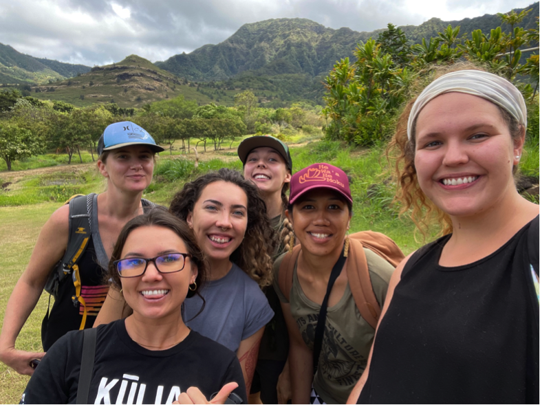 VISTA Fellows Charlotte, Bethanyjacqueline and Anya with cohort members at Kaʻala Farm, Waiʻanae, Oʻahu, 2021