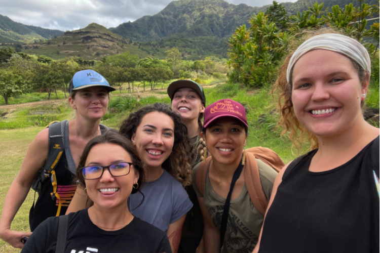 VISTA Fellows Charlotte, Bethanyjacqueline and Anya with cohort members at Kaʻala Farm, Waiʻanae, Oʻahu, 2021