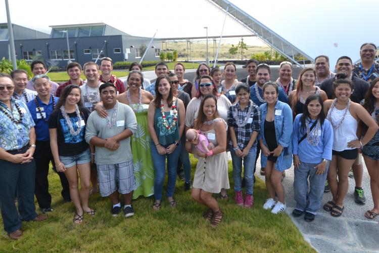 Scholarship recipients and donors, including participants in Ēlama Project, pose for a group photo at the Hawai’i Community College - Pālamanui campus in Kona.
